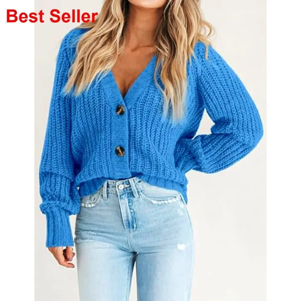 Chunky Knit Cardigan Open Front V Neck Button Loose Sweater Long Sleeve
